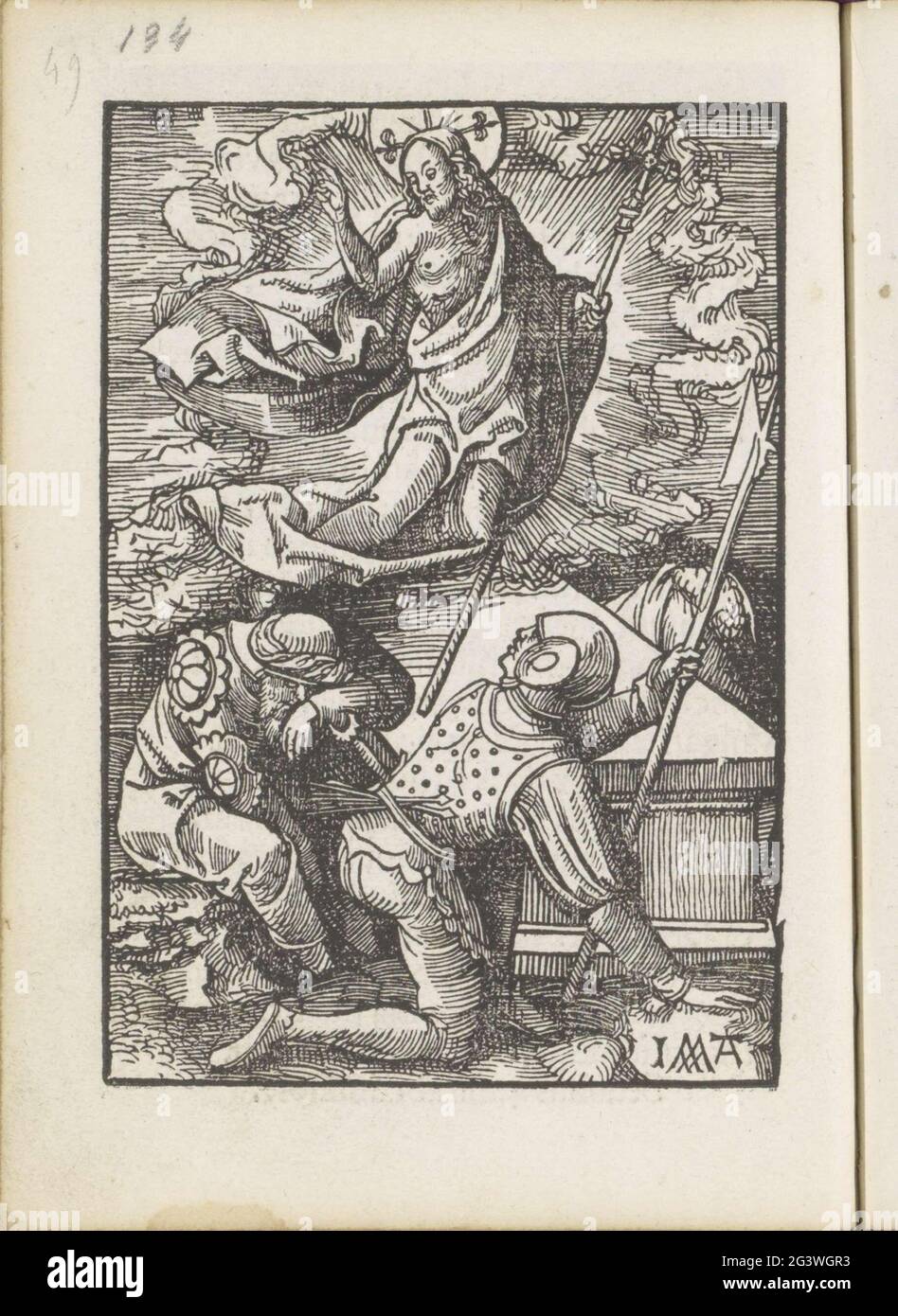 La résurrection; la petite passion. Christ est hors de la mort. Il flotte au-dessus de la tombe avec une croix en main. Un soldat regarde, l'autre dort. L'impression fait partie d'un livre. Banque D'Images