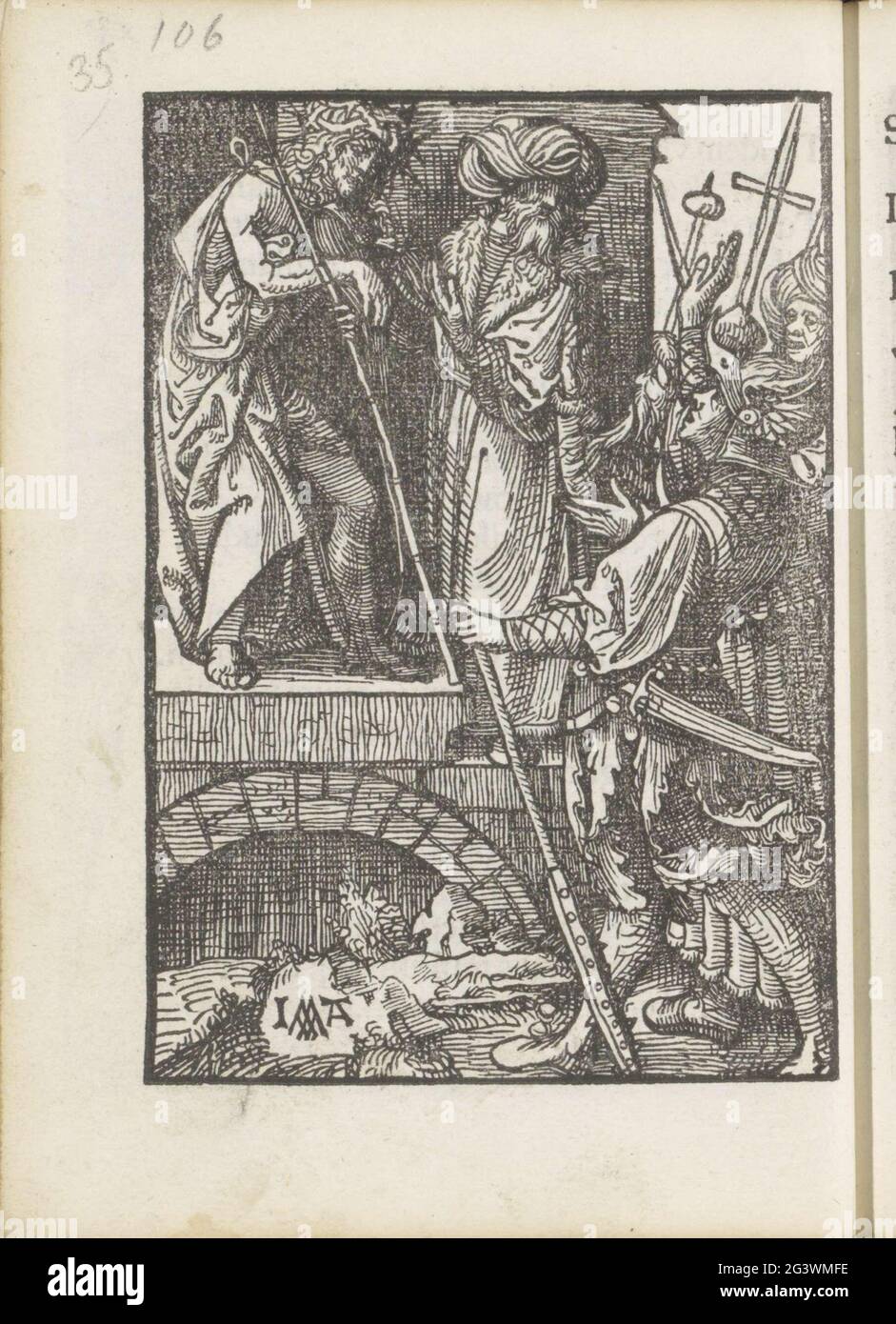 Christ montré au peuple (ECCE gay); la petite passion. Le Christ est montré au peuple par Pilatus. Un soldat regarde. L'impression fait partie d'un livre. Banque D'Images