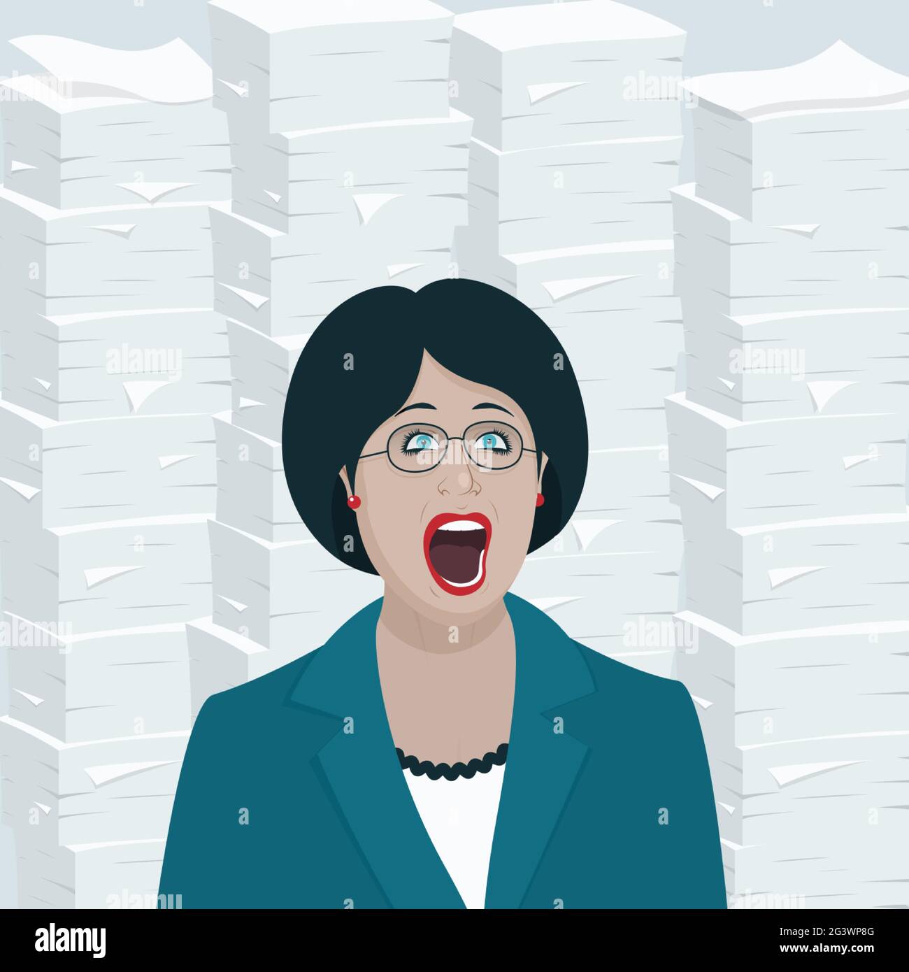 Une femme avec un visage effrayé devant une pile de documents. Illustration vectorielle. Illustration de Vecteur