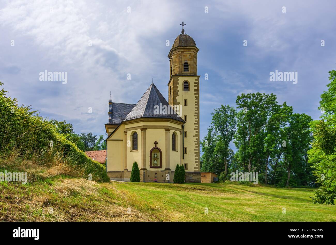 Vue extérieure du pèlerinage baroque et de l'église paroissiale Sainte-Marie sur Rechberg, Schwäbisch Gmünd, Bade-Wurtemberg, Allemagne. Banque D'Images