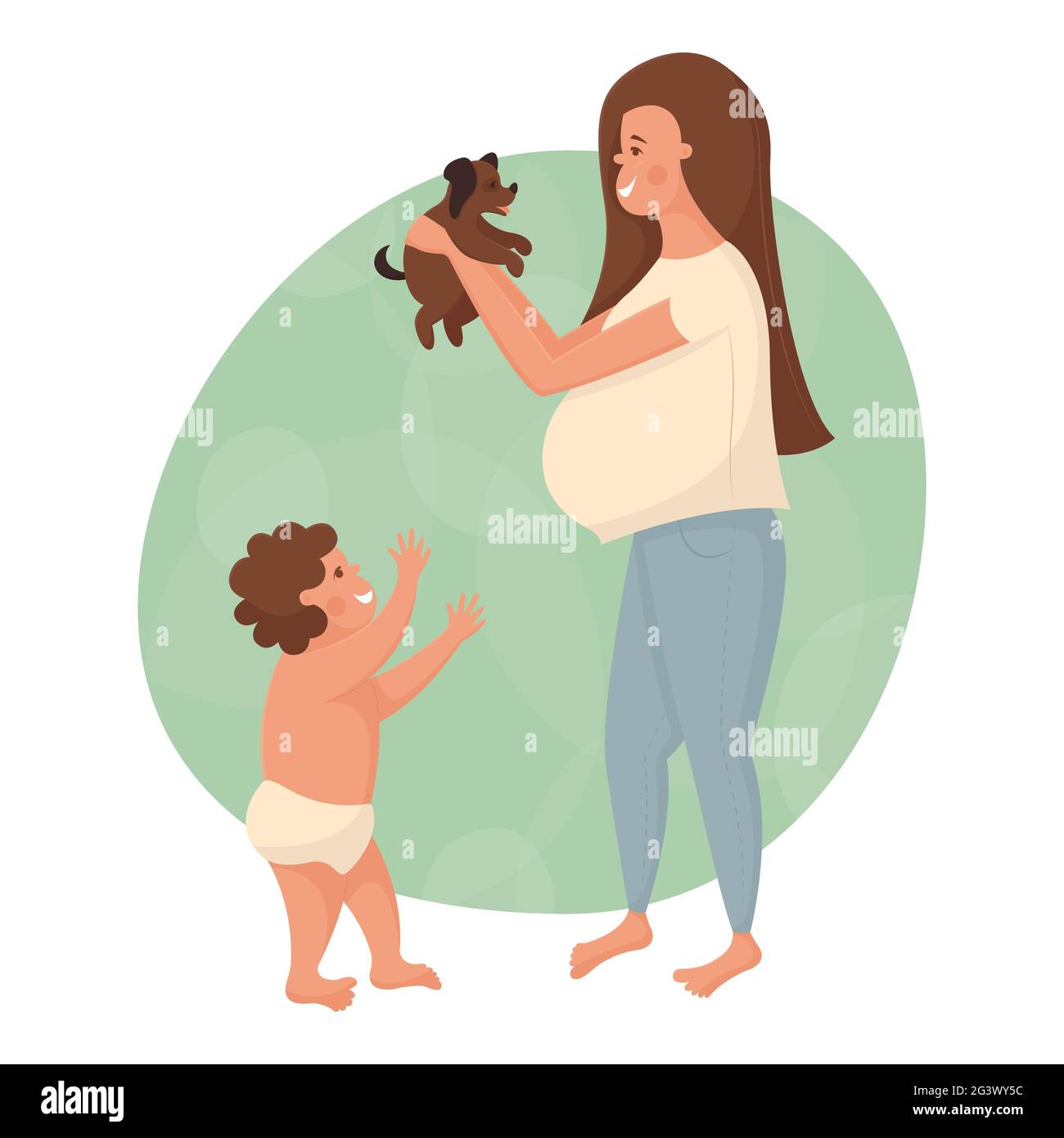 Bonne famille jouant avec un petit chiot. Belle jeune femme blanche enceinte tenant un petit chien dans ses bras. Un petit garçon se tient dans des couches et Illustration de Vecteur