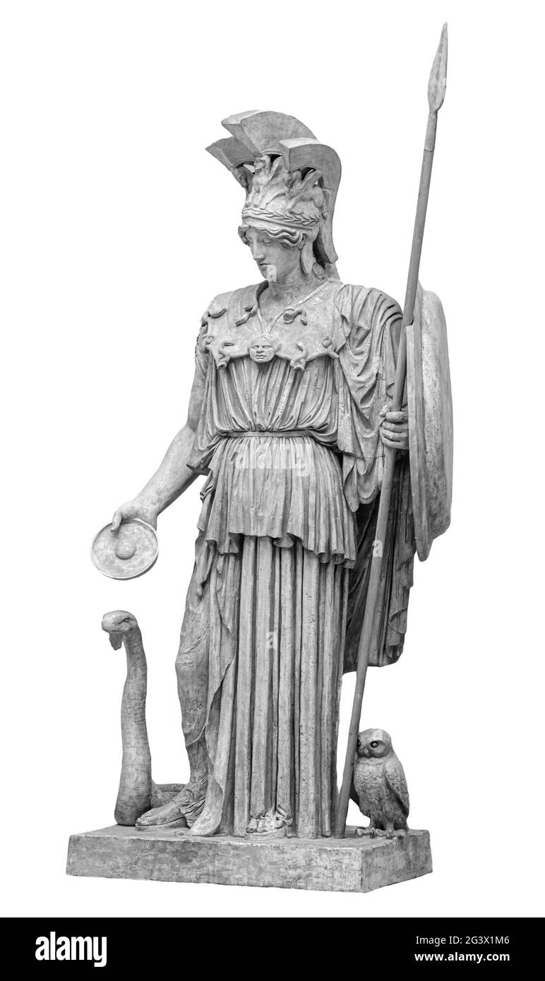 Ancienne statue grecque romaine de la déesse Athéna dieu de la sagesse et des arts sculpture historique isolée sur blanc. Une femme de marbre Banque D'Images Ancienne statue grecque romaine de la déesse Athéna dieu de la sagesse et des arts sculpture historique isolée sur blanc. Une femme de marbre Banque D'Images