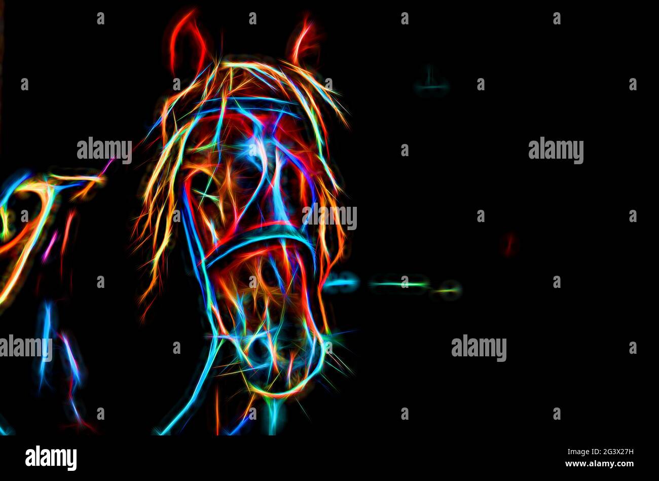 Silhouette d'un cheval en traitement au néon. Un économiseur d'écran élégant avec un thème animal. Banque D'Images