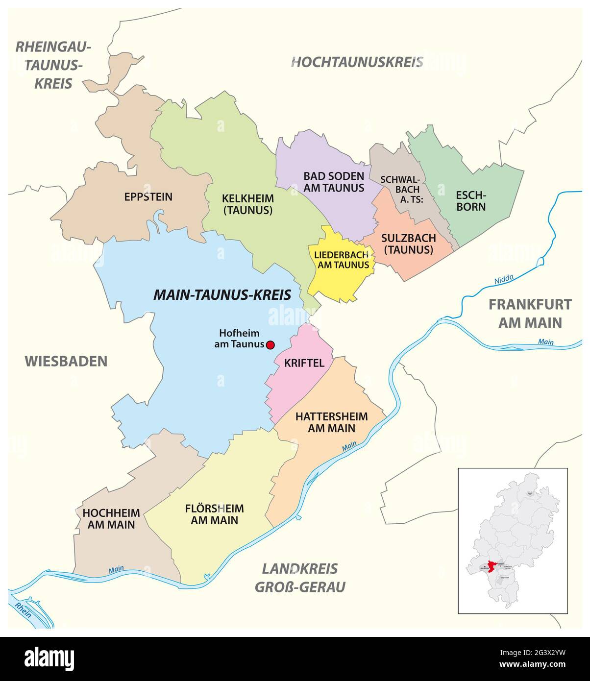 Carte administrative du district de Vector main-Taunus-Kreis, Hesse, Allemagne Banque D'Images