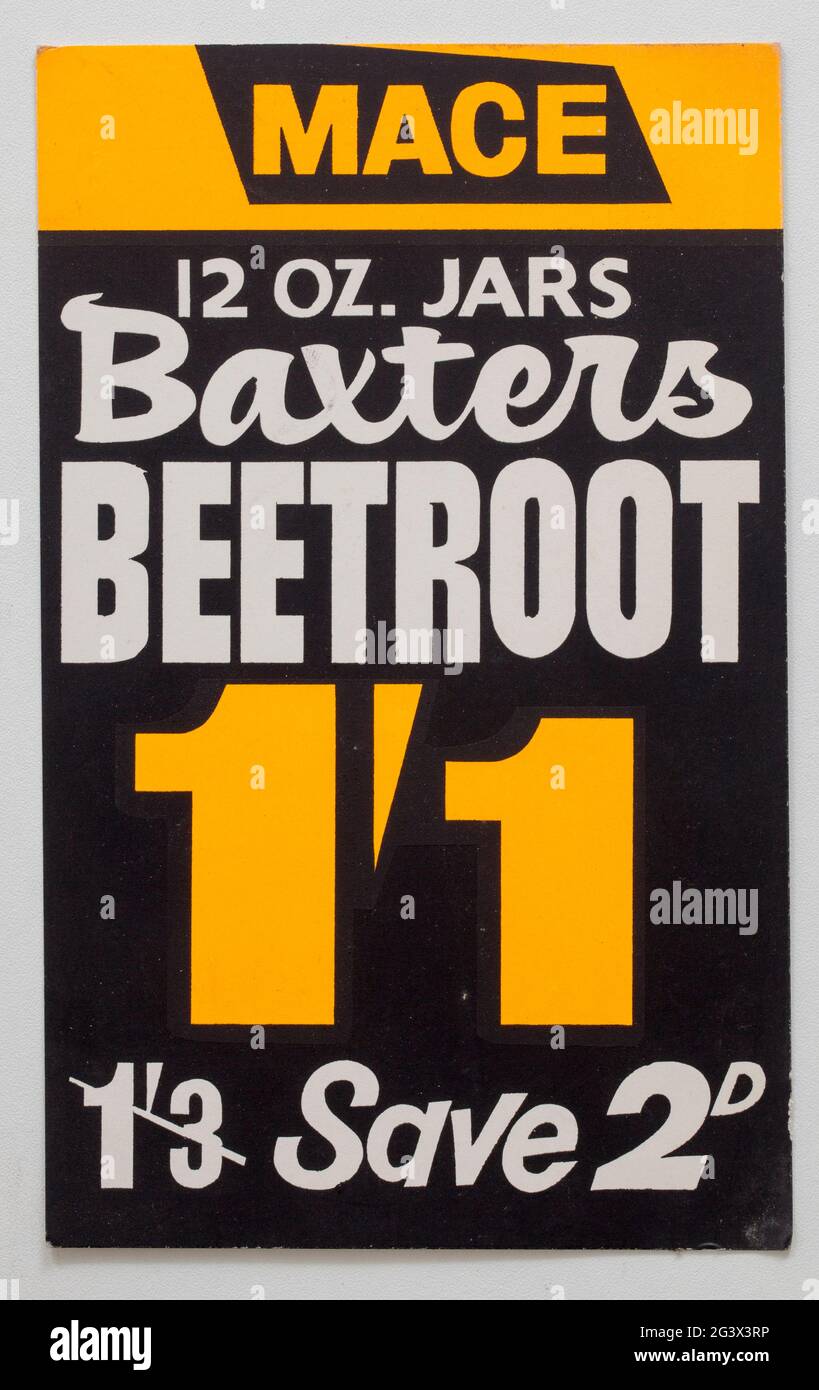 Carte d'affichage des prix de la boutique vintage des années 1960 - Baxters Beetroot Banque D'Images
