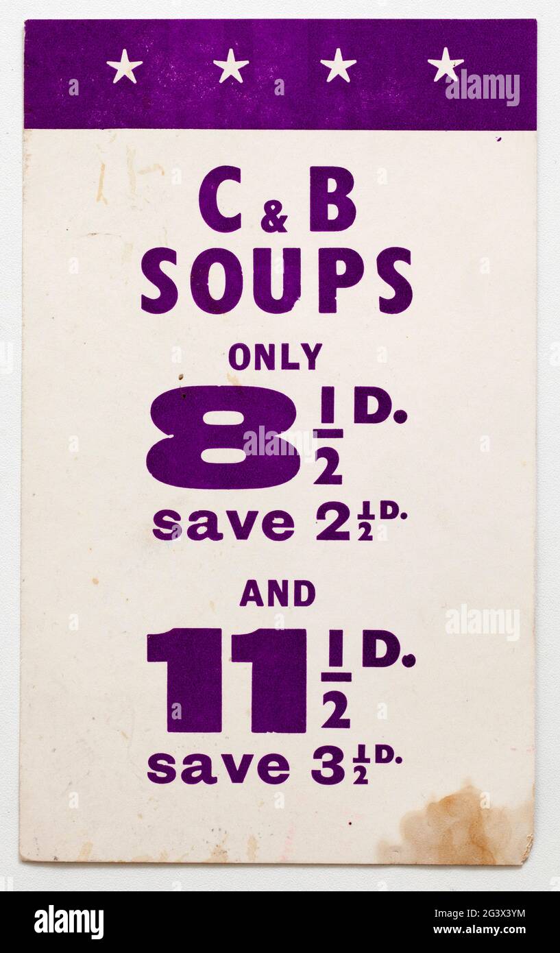 Carte d'affichage des prix du magasin vintage des années 60 - soupes Crosse & Blackwell Banque D'Images