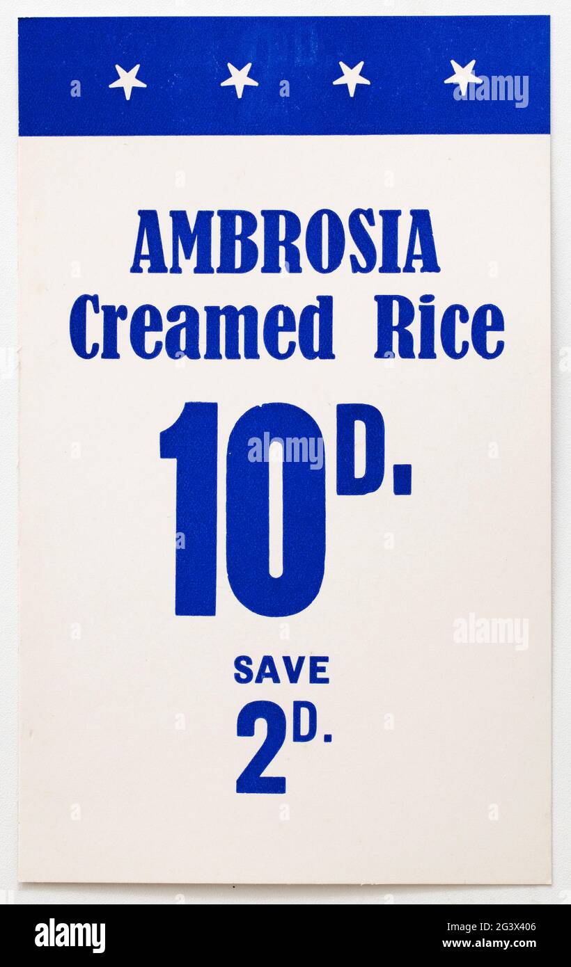 Vinatge années 1960 Boutique Publicité carte d'affichage des prix - Ambrosia Creamed Rice Banque D'Images