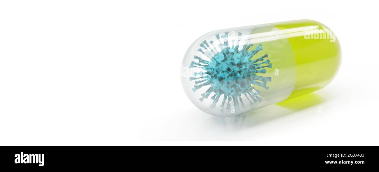 Médicament de capsule antivirale pour le traitement et la prévention d'une nouvelle infection par le virus corona, rendu 3D conceptuel. Banque D'Images