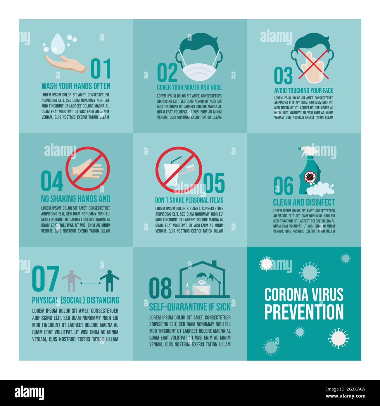 Infographie sur la prévention Covid-19. Jeu d'icônes plates du coronavirus. Conseils pour les épidémies de coronavirus. Ensemble d'icônes vectorielles plates de coronavirus ou Covid-19 Illustration de Vecteur