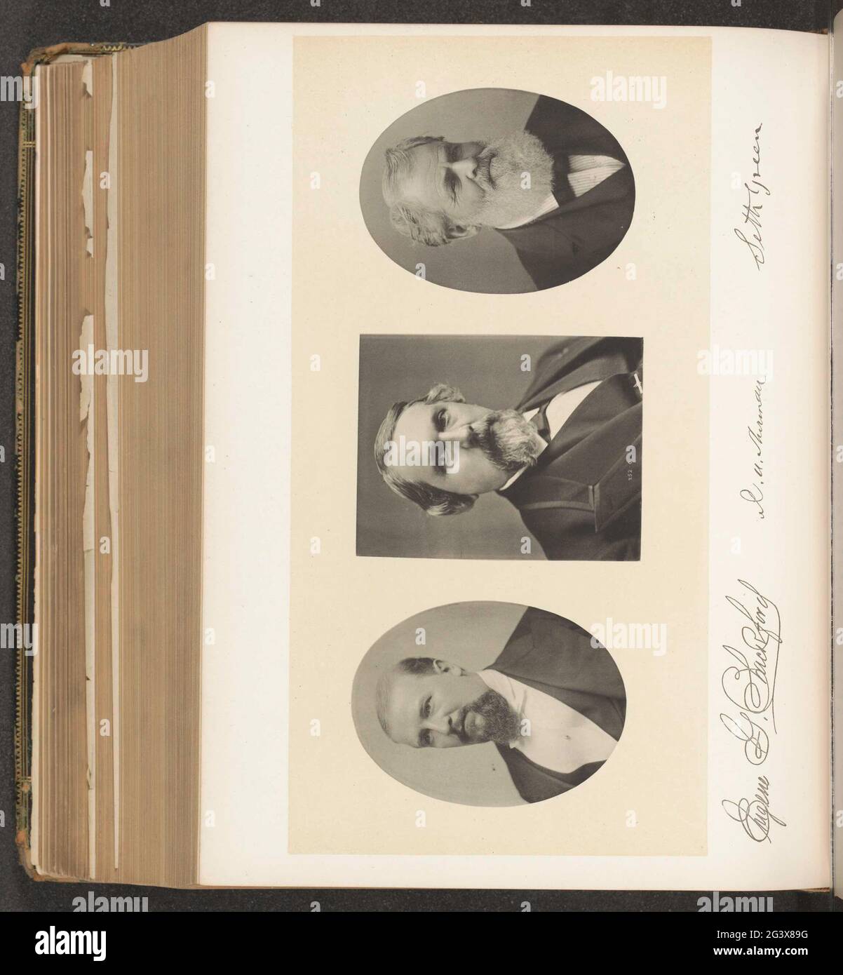 Portraits de trois membres de la Commission des pêches de l'État de New York. À gauche Eugene G. Blackford, Midden Richard U. Sherman, à droite Seth Green. Banque D'Images