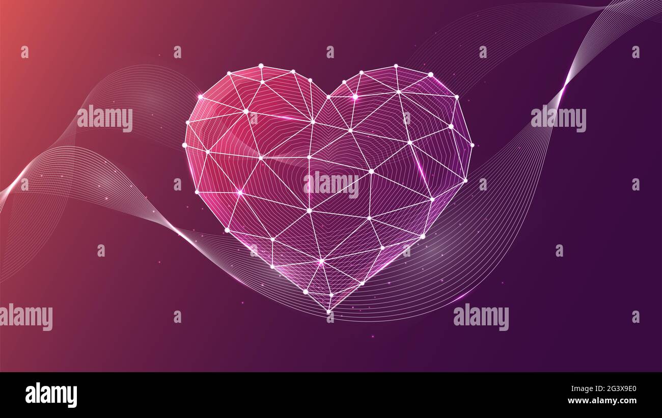 Illustration vectorielle d'un cœur géométrique composé de lignes et de points sur fond violet. Un modèle linéaire moderne sur le thème de Banque D'Images