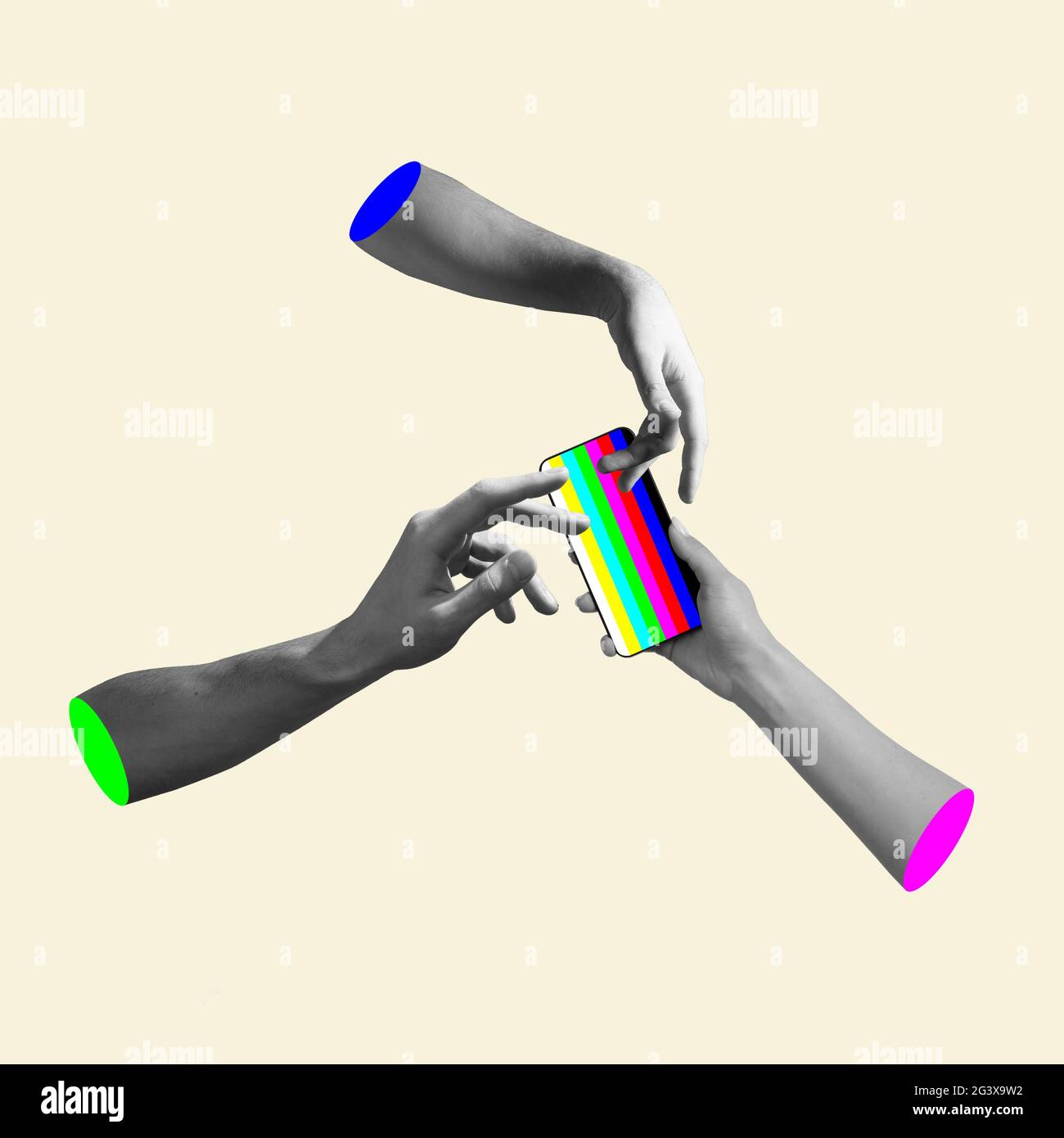 Mains esthétiques sur fond lumineux, œuvres d'art. Concept de relation humaine, de communauté, de proximité, de symbolisme, de surréalisme. Banque D'Images
