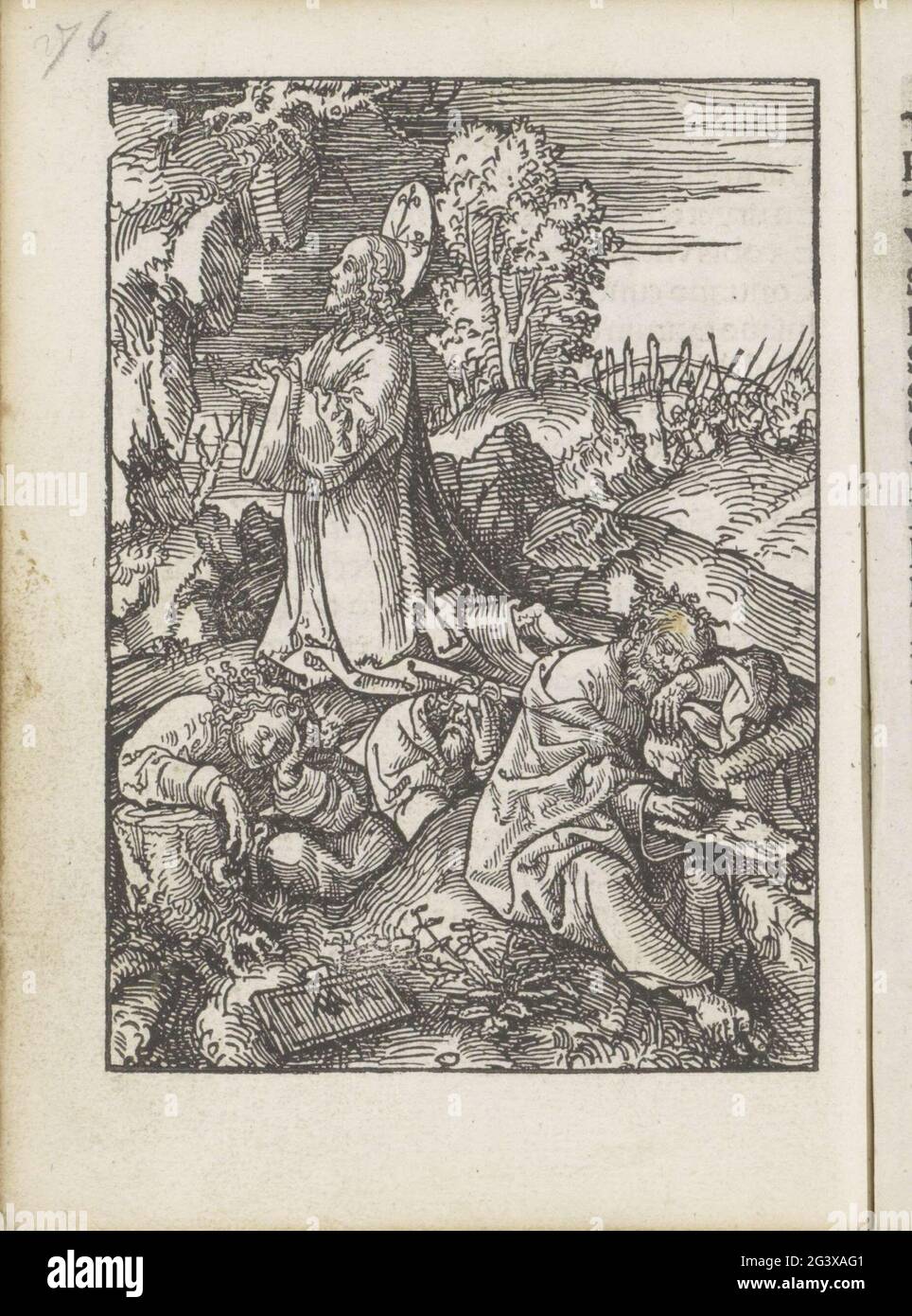 Christ dans la cour de Getemane; la petite passion. Le Christ prie dans la cour de Getemane. Ses élèves Petrus, John et Andreas se sont endormis. L'impression fait partie d'un livre. Banque D'Images