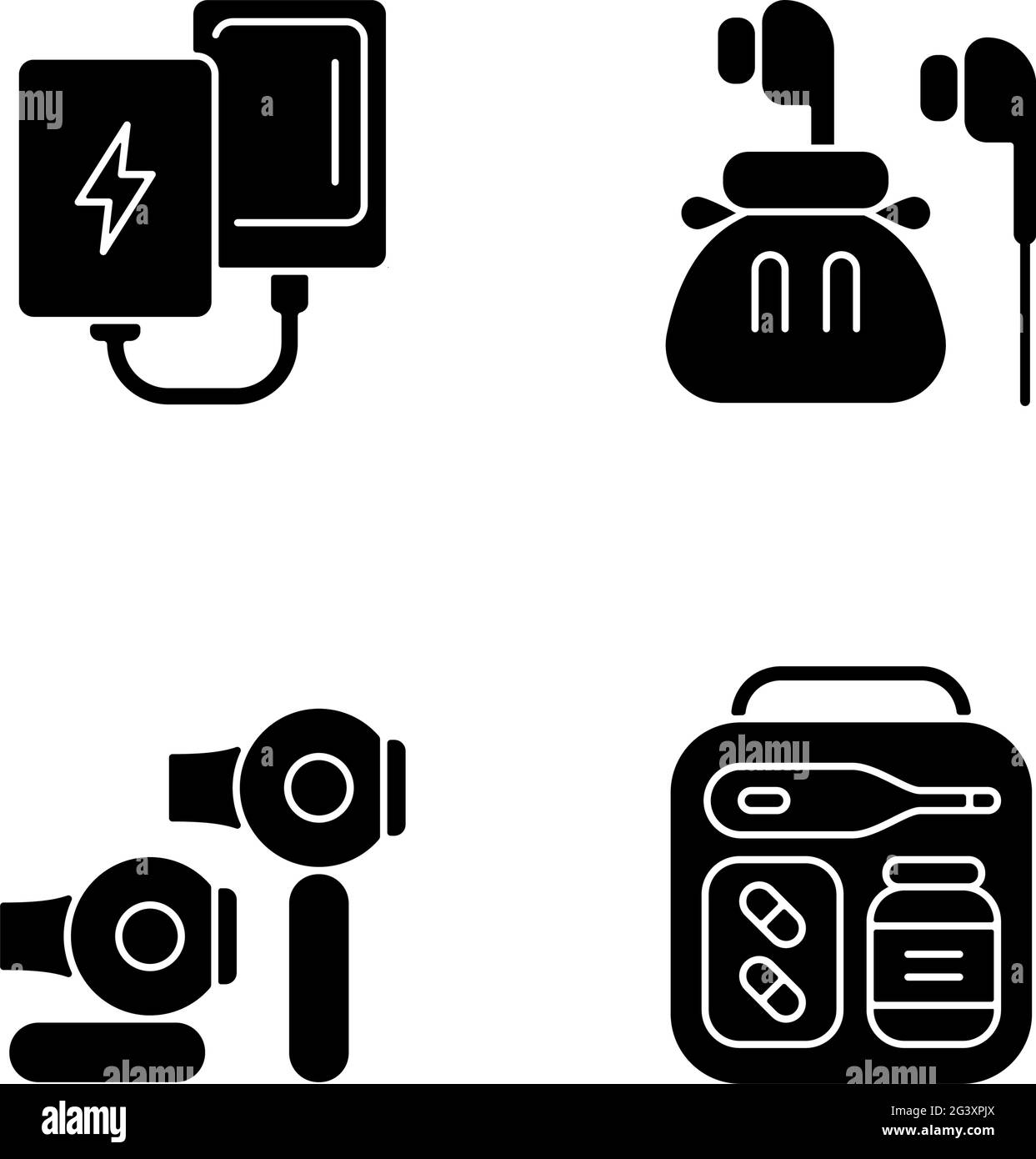 Les icônes de glyphe noir des bagages de voyage sont définies sur un espace blanc Illustration de Vecteur