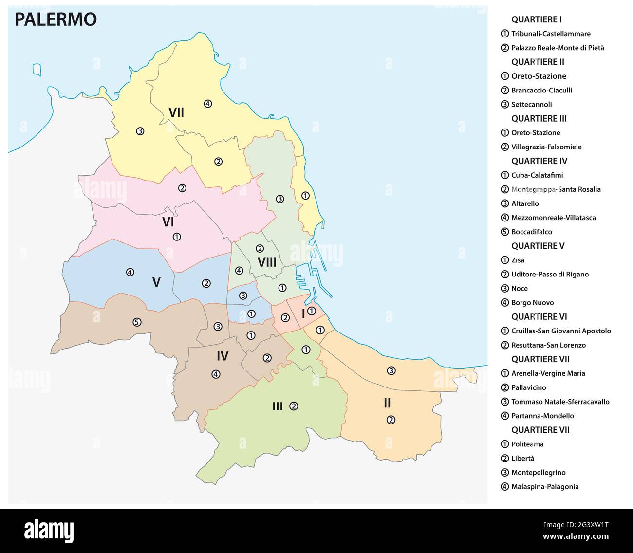 Carte vectorielle administrative et politique de la capitale sicilienne Palerme, Italie Banque D'Images