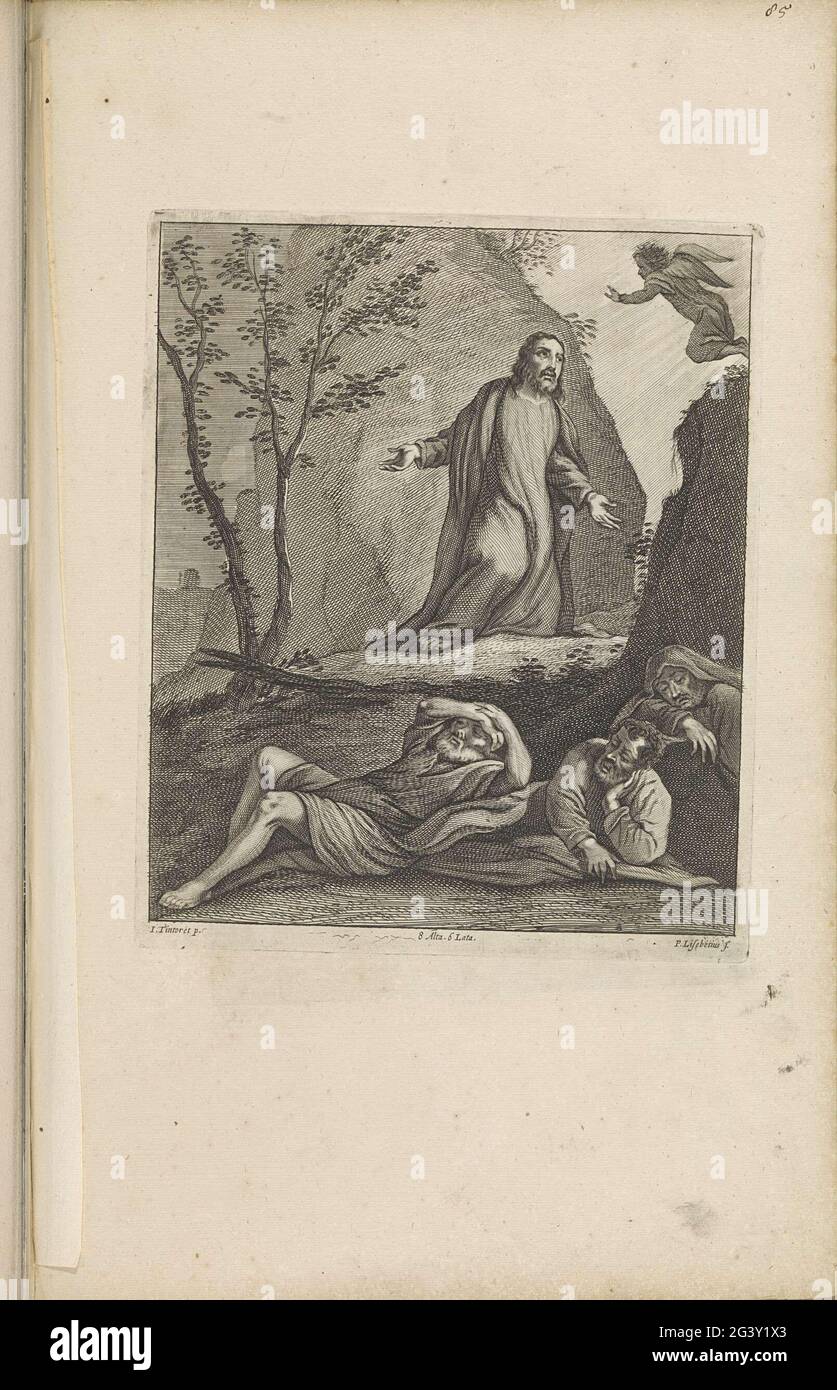 Christ dans le Hof van Getsemane. Un ange apparaît au Christ pour lui donner la puissance. Il s'était séparé de ses apôtres Pierre, James et Johannes, qui dorment au premier plan. Cette impression fait partie d'un album. Banque D'Images