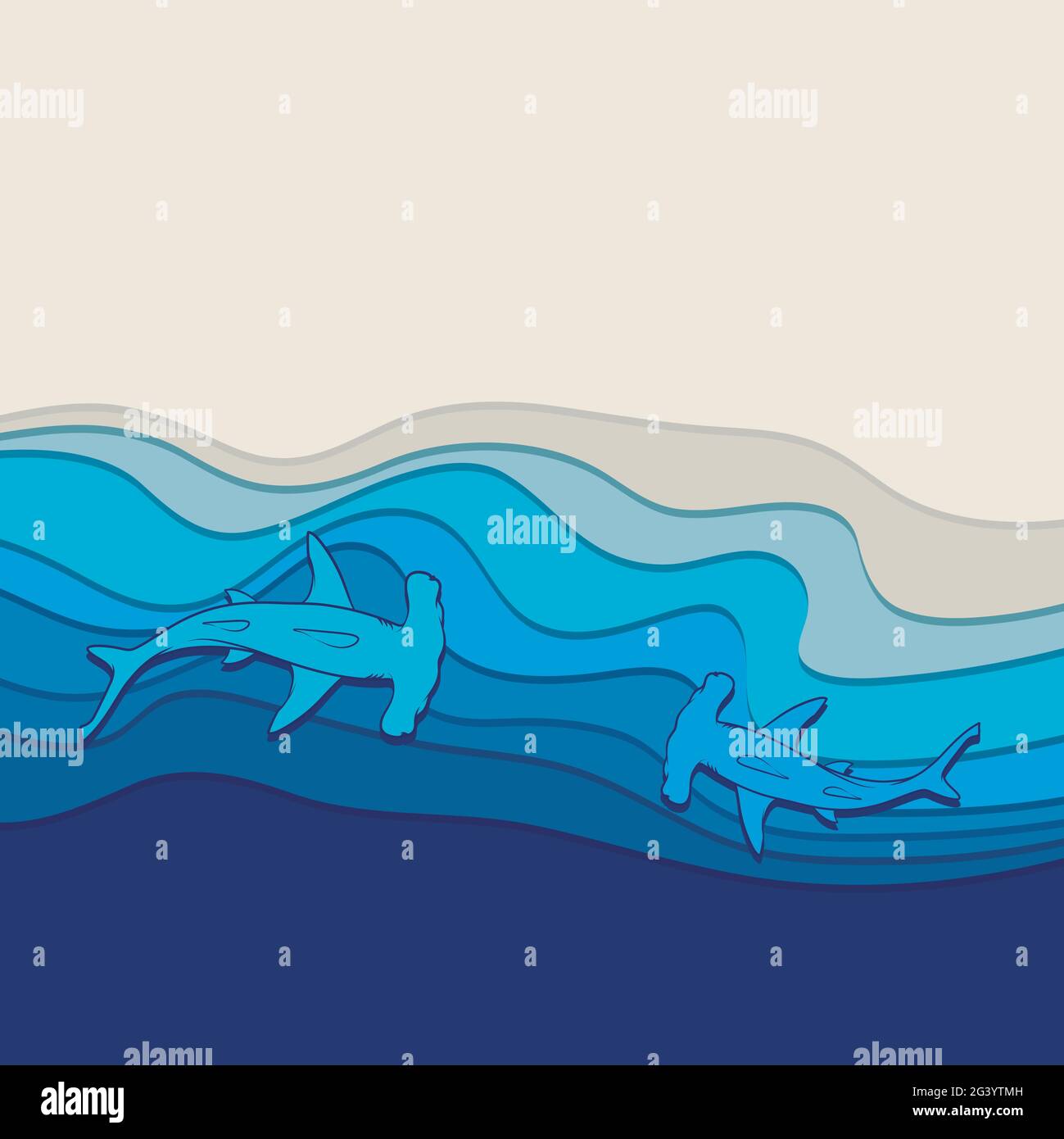 Fond sous-marin vectoriel avec requins marteaux. Illustration de Vecteur