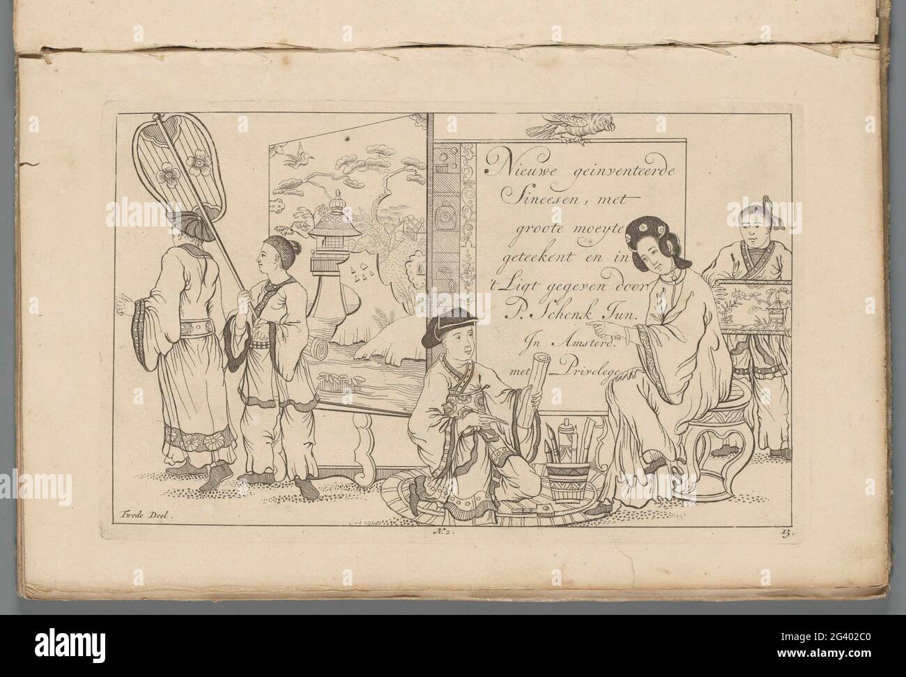 Dessinateur chinois et autres figures chinoises; Nouveau sinesen inconvulsivé avec grand Moeyte compliqué et donné en lui, par P. Schenk Jun (...), deuxième partie. Un dessinateur chinois s'agenouille sur le sol avec un stylo et un rouleau de papier dans les mains. En face de lui se trouve une chinoise sur un tabouret. Au milieu de numéroté: 2. Prent fait partie d'un album. Banque D'Images