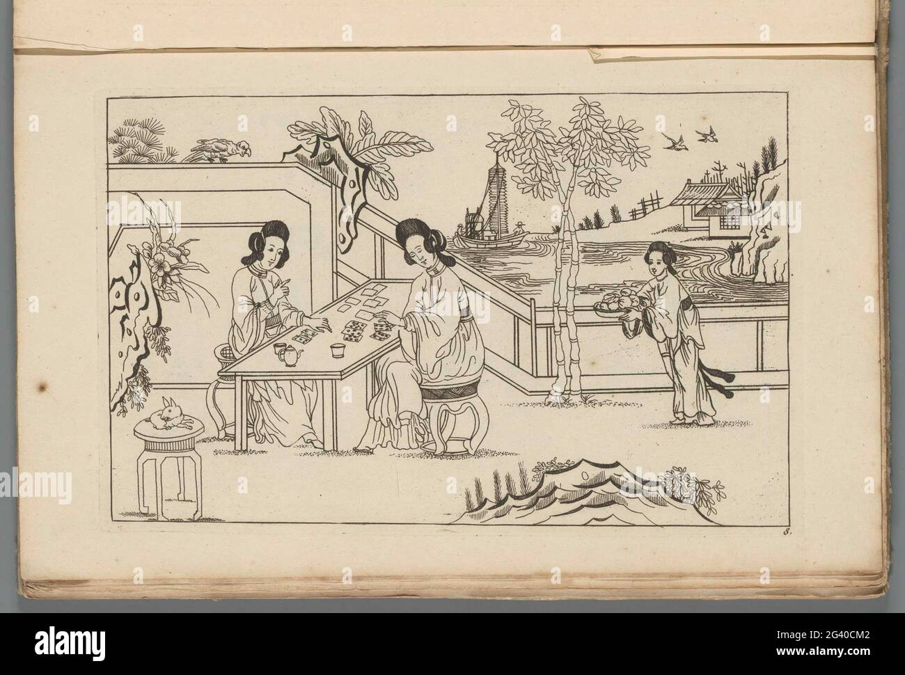 Paysage avec deux femmes chinoises jouant un jeu de cartes; Nouveau sinesen converti, avec grand Moeyte conçu et donné en lui, par P: Schenk Jun (...), première partie. Paysage avec deux femmes chinoises jouant un jeu de cartes. Sur la droite une femme avec un plateau chargé sur la gauche une table sur laquelle repose un animal. L'impression fait partie d'un album. Banque D'Images