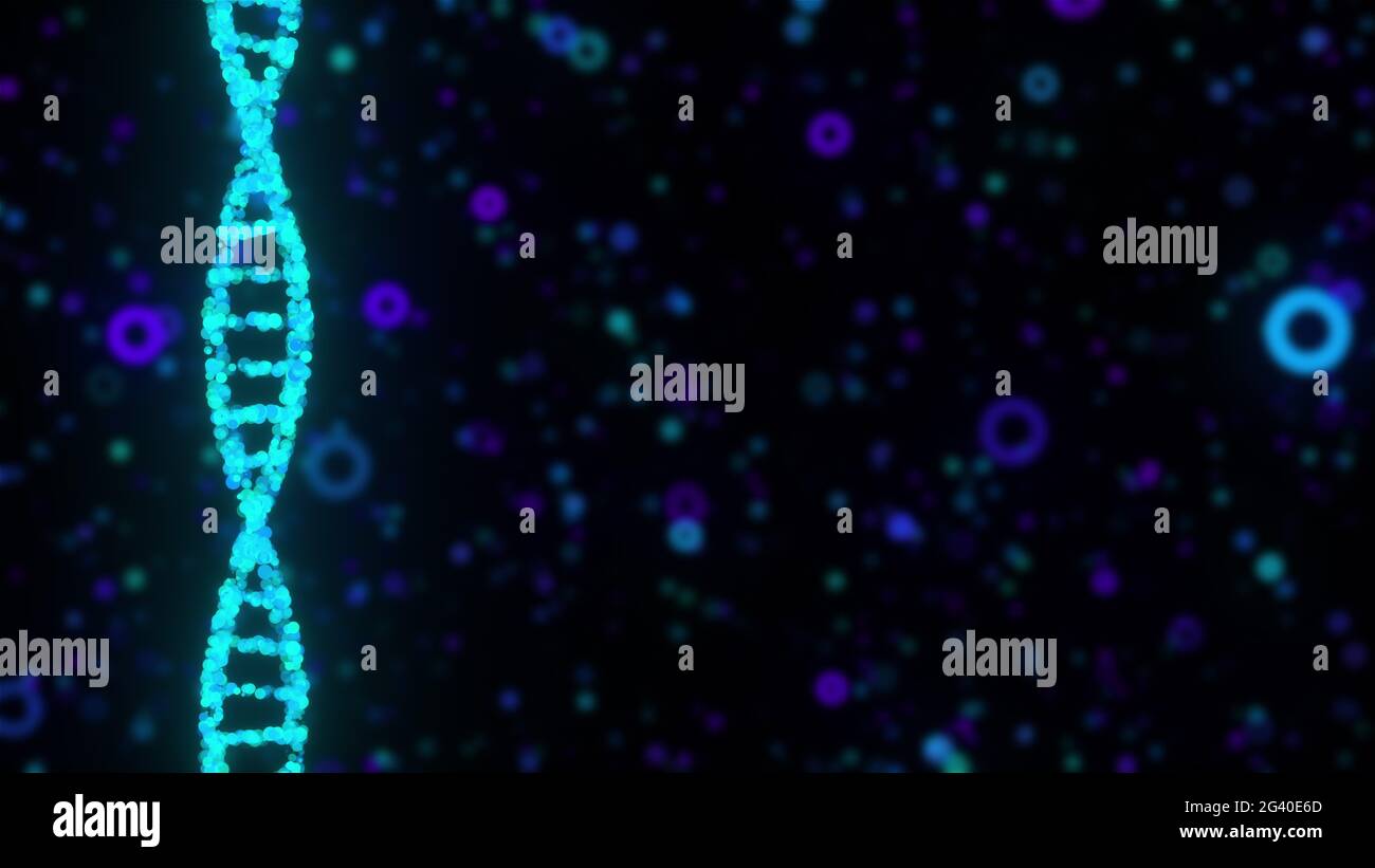 Double hélice de l'ADN numérique contre les particules floues colorées, générée par ordinateur. rendu 3d de l'expérience de la recherche chimique Banque D'Images