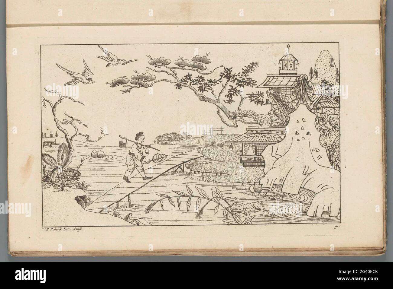 Figure chinoise sur le pont au-dessus de la rivière; Nouveau sinesen converti, avec grand Moeyte conçu et donné en lui, par P: Schenk Jun (...), première partie. Une figure chinoise court avec une valise sur un bâton au-dessus de l'épaule et avec une feuille à la main au-dessus d'un pont au-dessus d'une rivière. Sur la droite sur les bâtiments de la rive. L'impression fait partie d'un album. Banque D'Images
