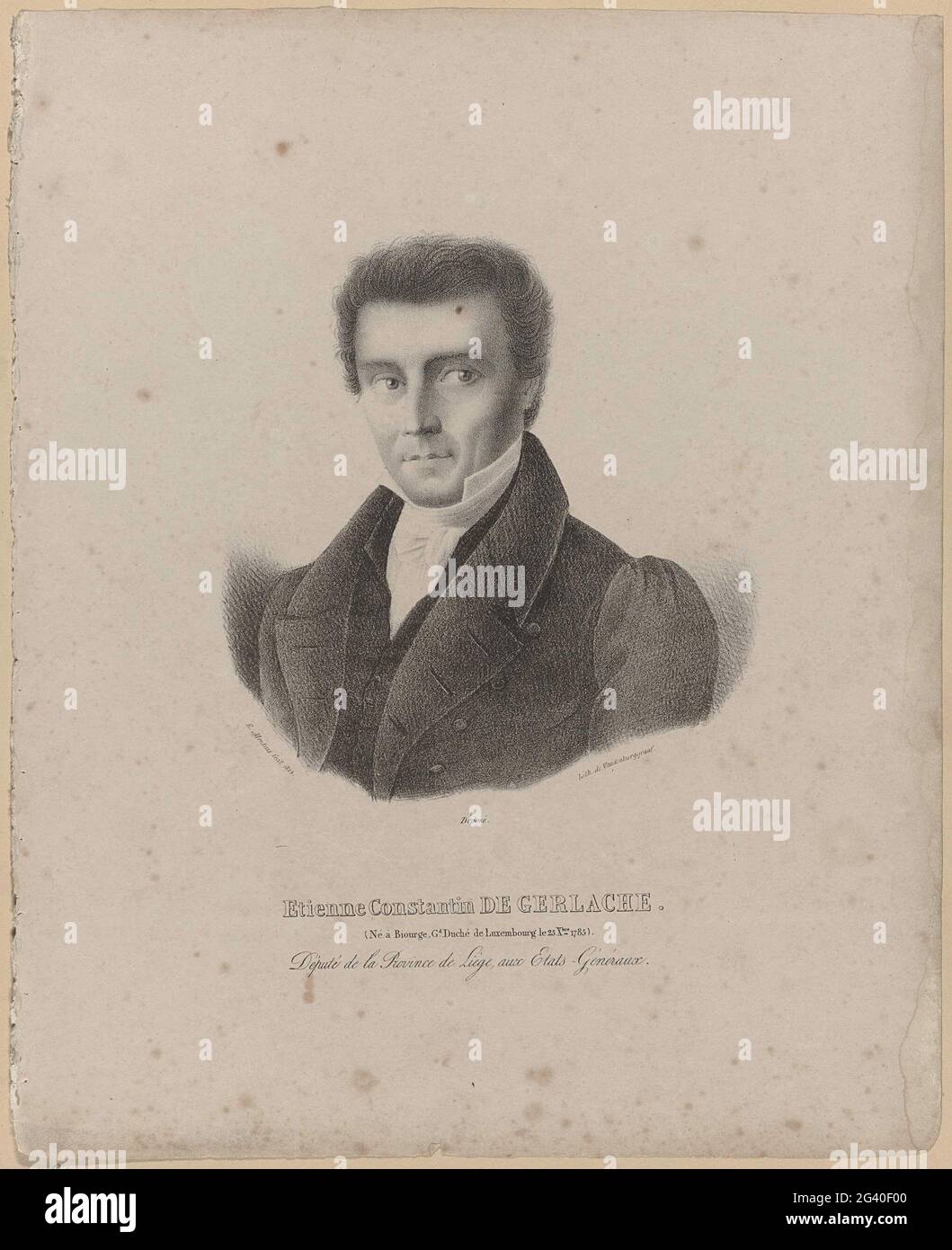 Portrait d'Etienne Constantine de Gerlache, 1829; Etienne Constantine de Gerlache. (Né à Biorge, GD-Duché de Luxembourg le 25 de XBR 1785). Membre de la province de Liège, les États généraux. Portrait d'Etienne Baron de Gerlache, déguisé au nom de la province de Liège dans les déclarations générales, CA. 1830. Une partie d'UN groupe de Portraits de personnes participant à la Révolution belge Or sont donc renommés. Banque D'Images