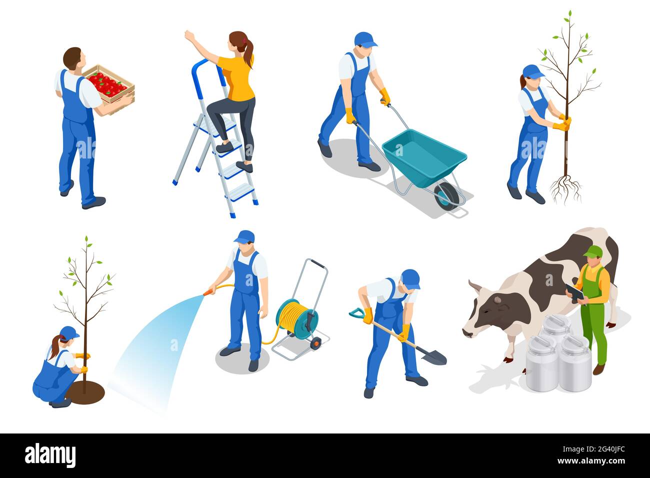 Ensemble isométrique d'agriculteurs ou de travailleurs agricoles plantant des cultures, agriculteur avec une brouette, récolte, plantation d'un arbre fruitier, agriculteur arrosant des plantes Illustration de Vecteur