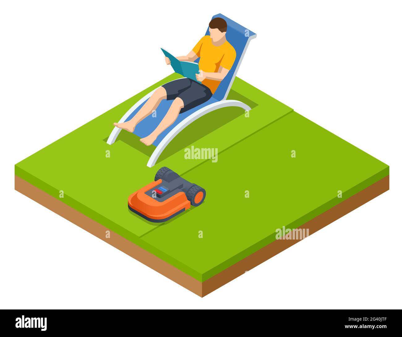 Tondeuse robot isométrique sur herbe, robot tondeuse Illustration de Vecteur