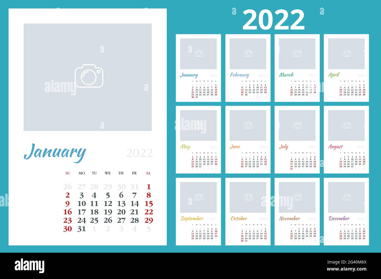 Calendrier de 2022.Modèle de calendrier pour 2022.Modèle d'impression de  conception de papeterie avec place pour photo, votre logo et  texte.Entreprise et Image Vectorielle Stock - Alamy