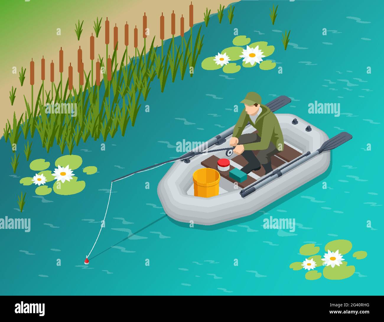 Pêcheur isométrique avec une canne à pêche assis dans un bateau gonflable et attrape des poissons sur un lac ou une rivière. Pêcheur assis avec canne à pêche et observation Illustration de Vecteur