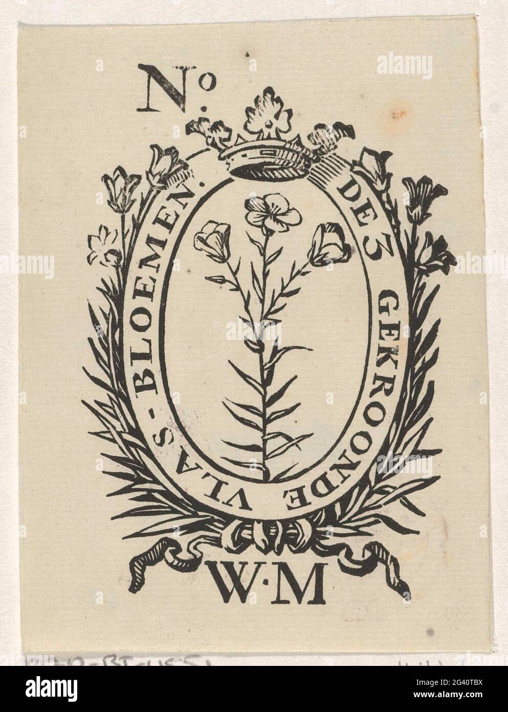 Vignette avec trois fleurs de lin, une couronne et le monogramme WM. . Banque D'Images