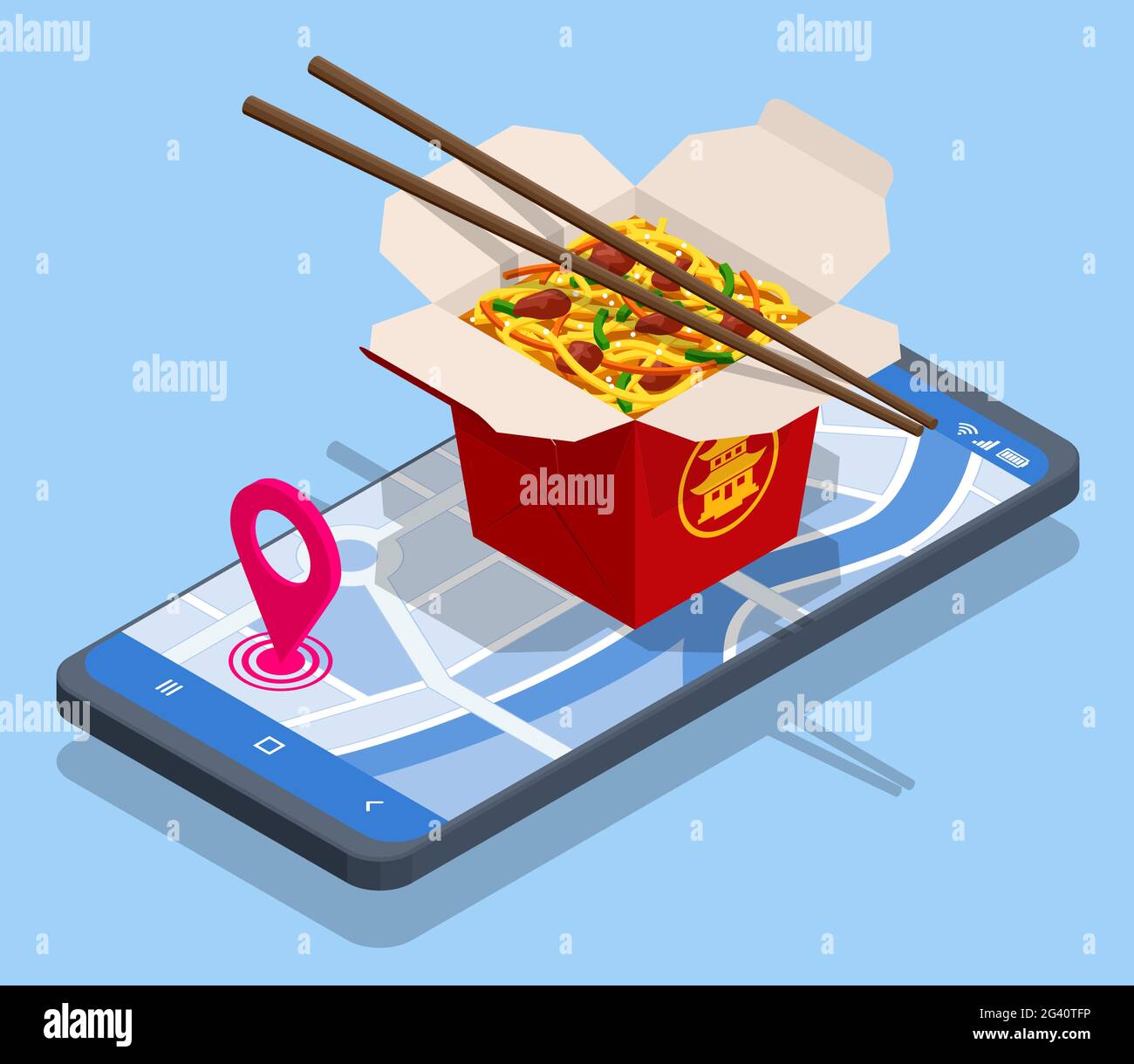 Isométrique livraison en ligne aliments nouilles sautées, Chow Mein, cuisine chinoise.Asian Noodle Box apparaît sur un smartphone. Illustration de Vecteur