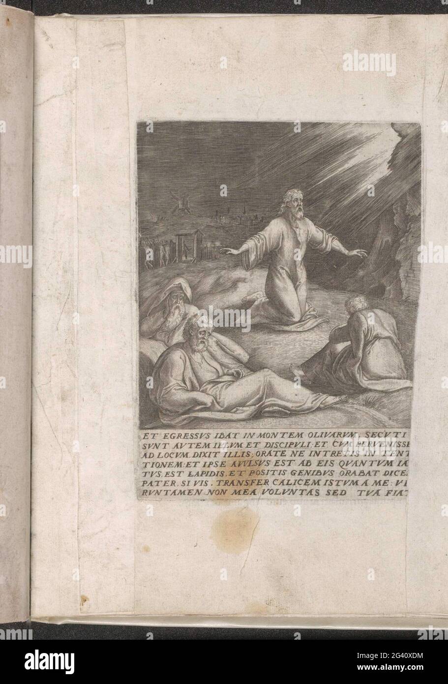Christ dans la cour de Getemane; passion du Christ; Mnimata Dominicae Passionis Historiam Necisque Nostrae mortem complexa. Le Christ prie dans la cour de Getemane. Petrus, Johannes et Jacobus dorment au premier plan. En arrière-plan, Judas mène un groupe de soldats à travers la porte intérieure. Sous la, afficher un texte de sept lignes en latin. Cette impression fait partie d'un album. Banque D'Images