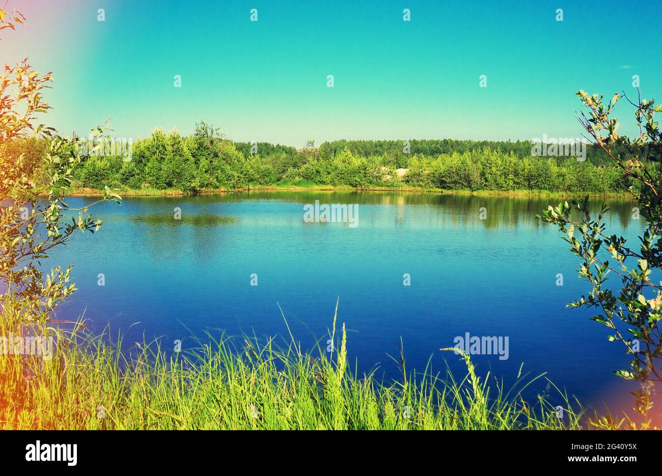 lac forestier en été, jour ensoleillé, ciel clair, effet vintage, couleurs décolorées Banque D'Images