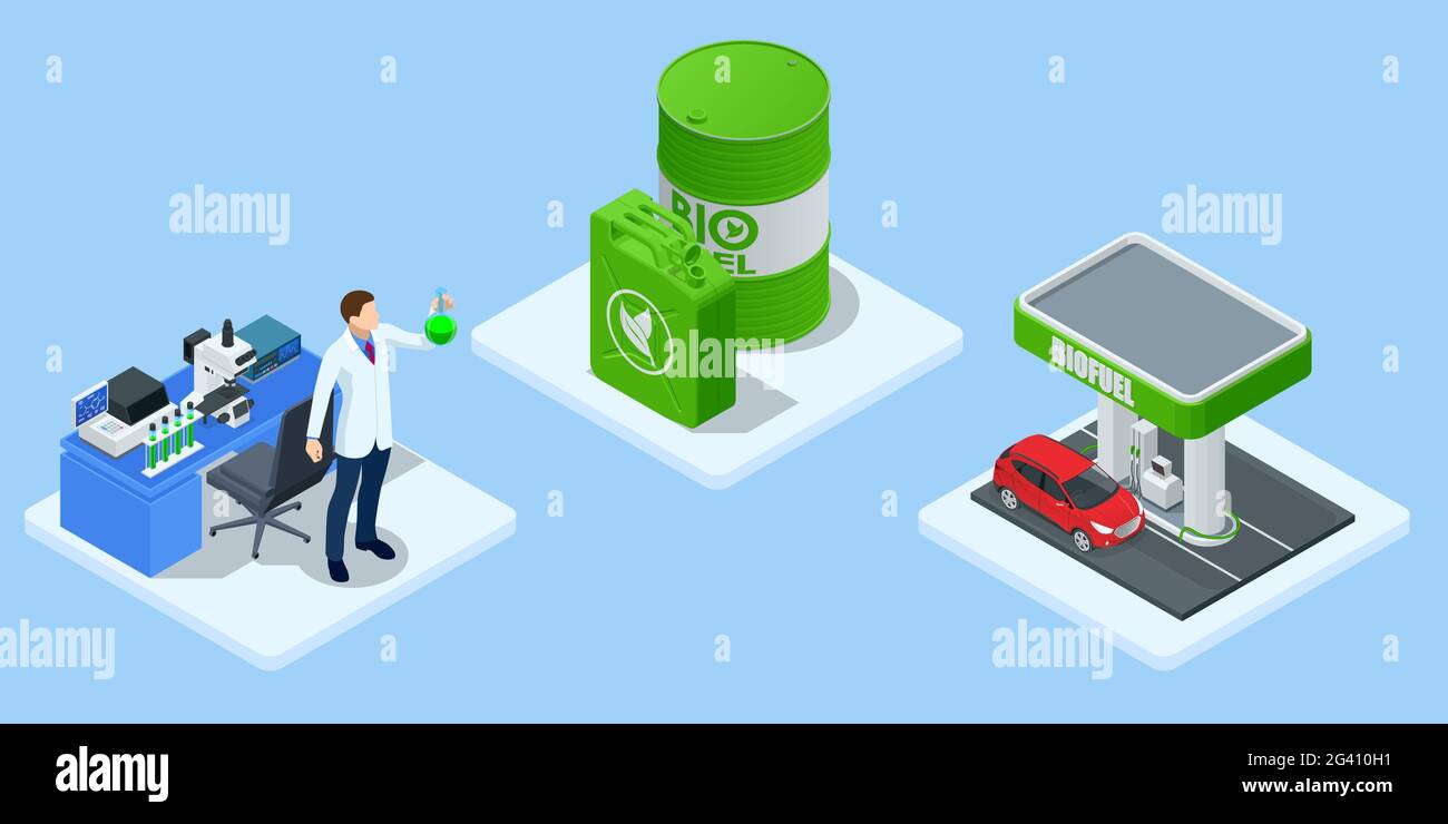 Barils de biocarburant isométriques avec biocarburant. Énergie verte. Sauver la terre, l'écologie, l'énergie alternative. Pompe de station de gaz lumineuse verte avec buse de carburant de Illustration de Vecteur