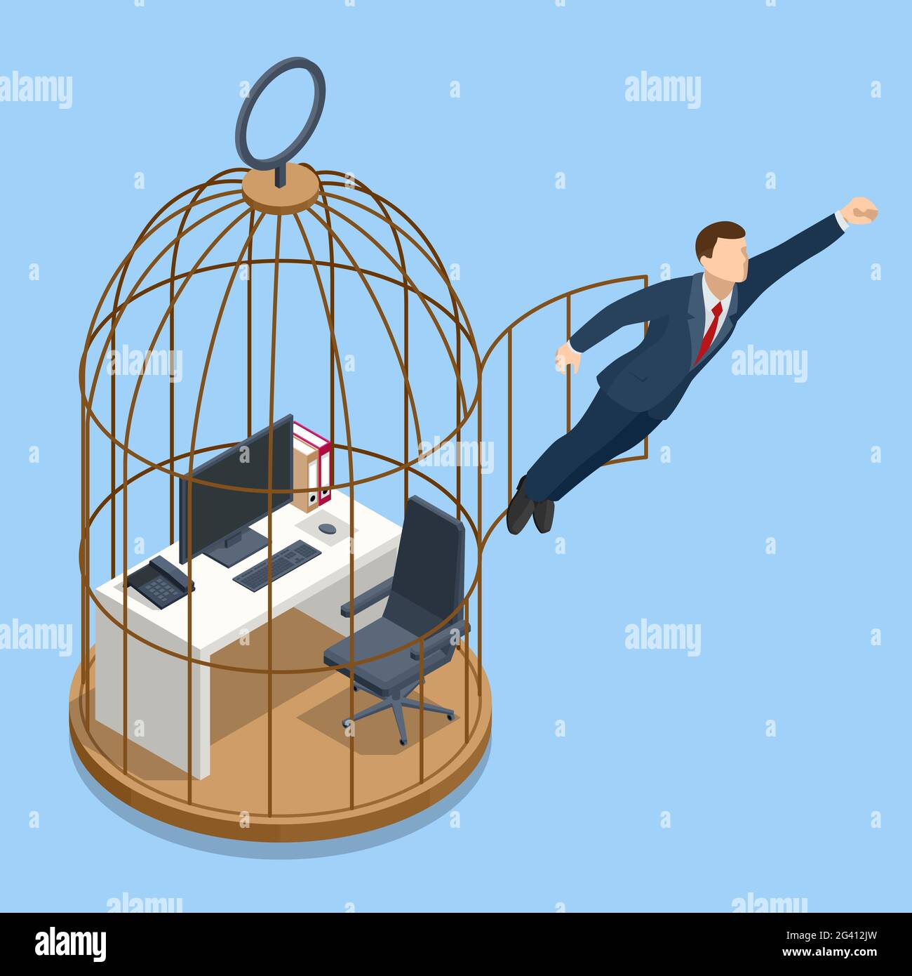 Concept isométrique sans cassure et de changement de vie. Homme d'affaires en cage à oiseaux se lançant dans la liberté. Illustration de Vecteur