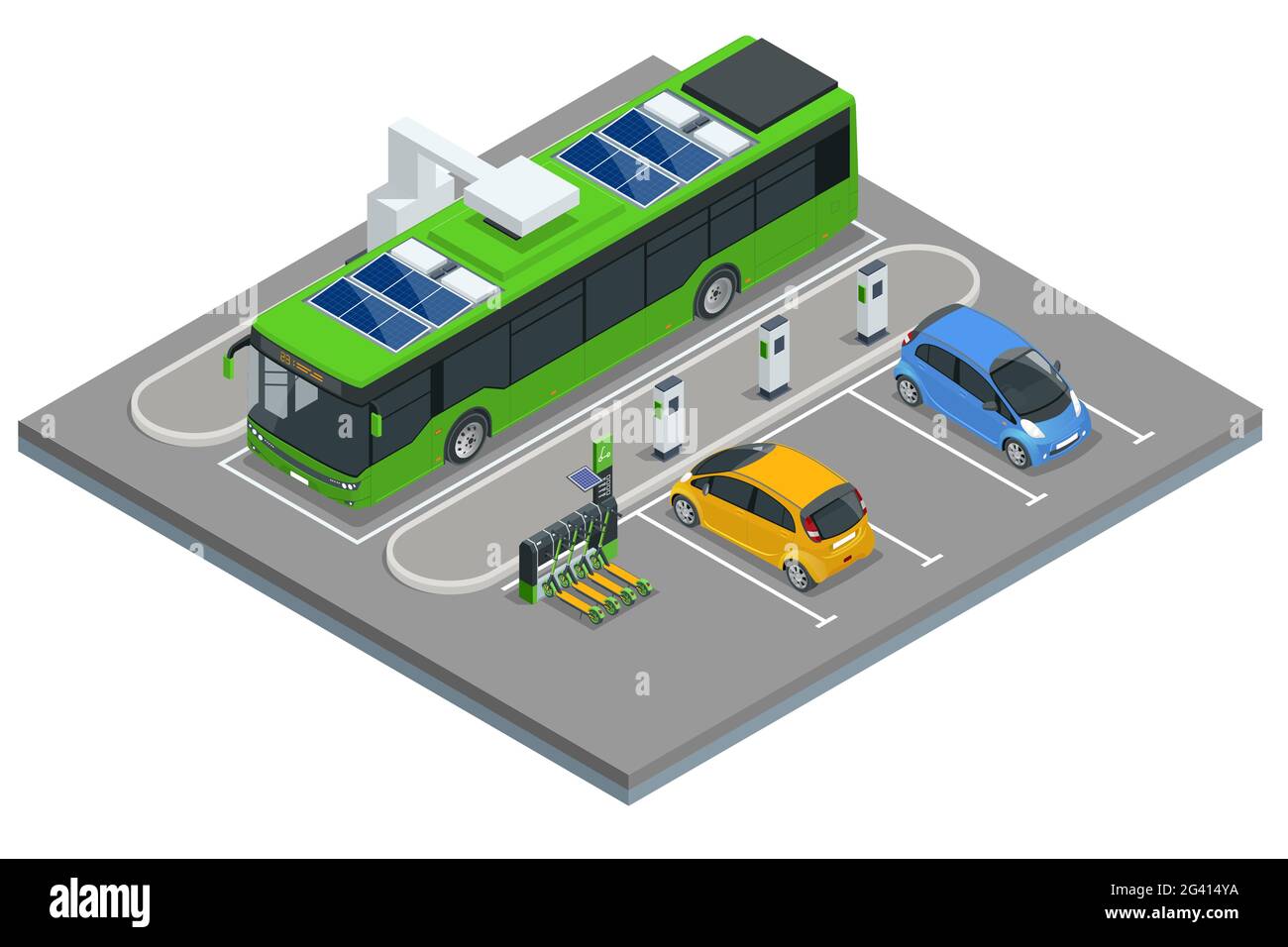 Isométrique un bus électrique, un bus qui est alimenté par l'électricité. Transports publics écologiques Illustration de Vecteur