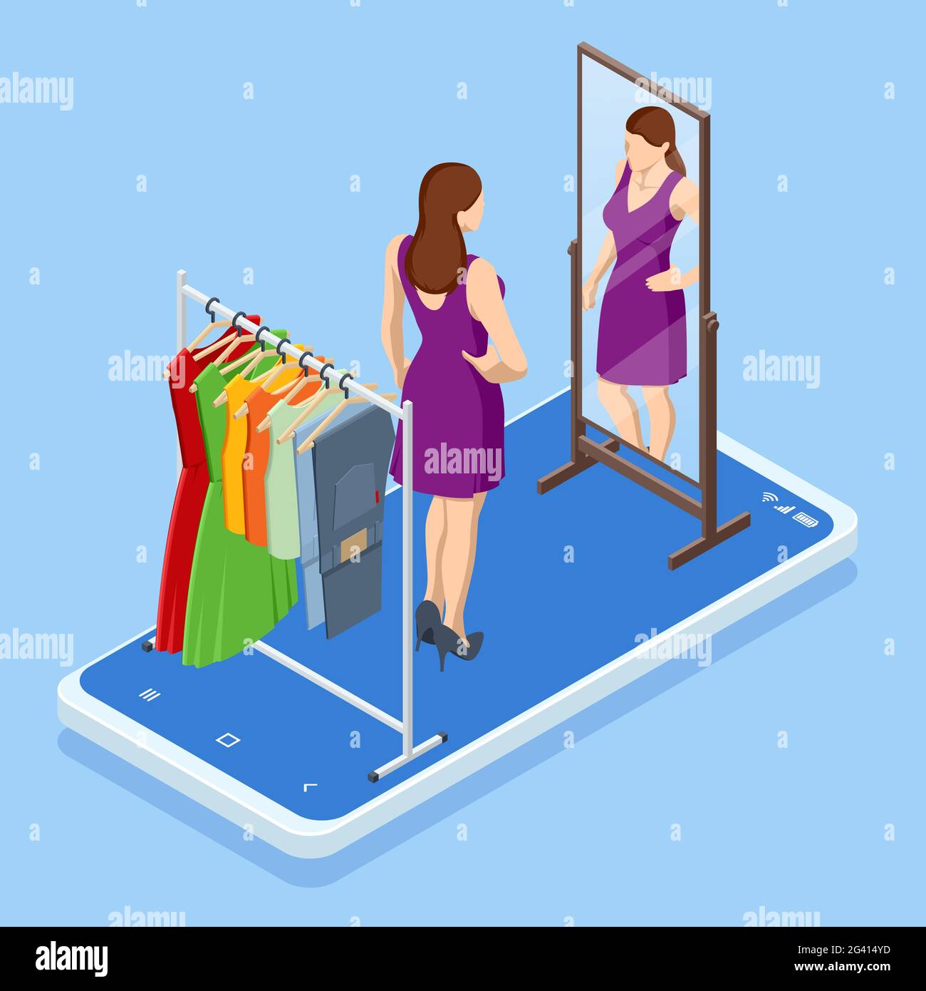 Isométrique Smart phone shopping en ligne, concept de magasin de vêtements.  E-commerce d'achat en ligne. Application d'achat moderne sur smartphone.  Acheter des vêtements sur le Web Image Vectorielle Stock - Alamy
