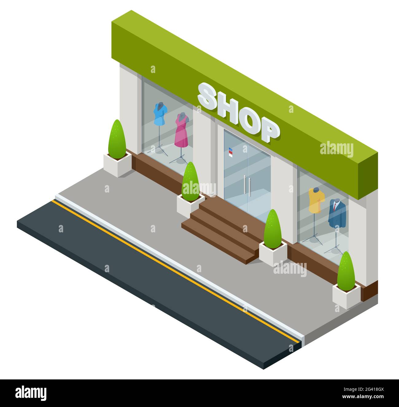 Fenêtre de la boutique isométrique avec mannequins habillés isolés sur fond blanc. Magasin de détail ou magasin de vêtements Illustration de Vecteur