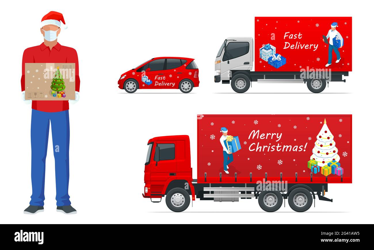 Coursier dans un masque facial avec une boîte dans ses mains. Livraison de marchandises pendant la prévention du coronovirus, Covid-19. Ensemble de chariots de chargement, vue latérale et Illustration de Vecteur