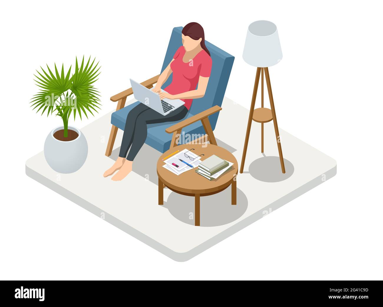 Femme d'affaires isométrique travaillant à la maison avec un ordinateur portable et des papiers sur le bureau. Freelance ou concept d'étude. Formulaire de travail de réunion en ligne à la maison. Bureau à domicile. Illustration de Vecteur