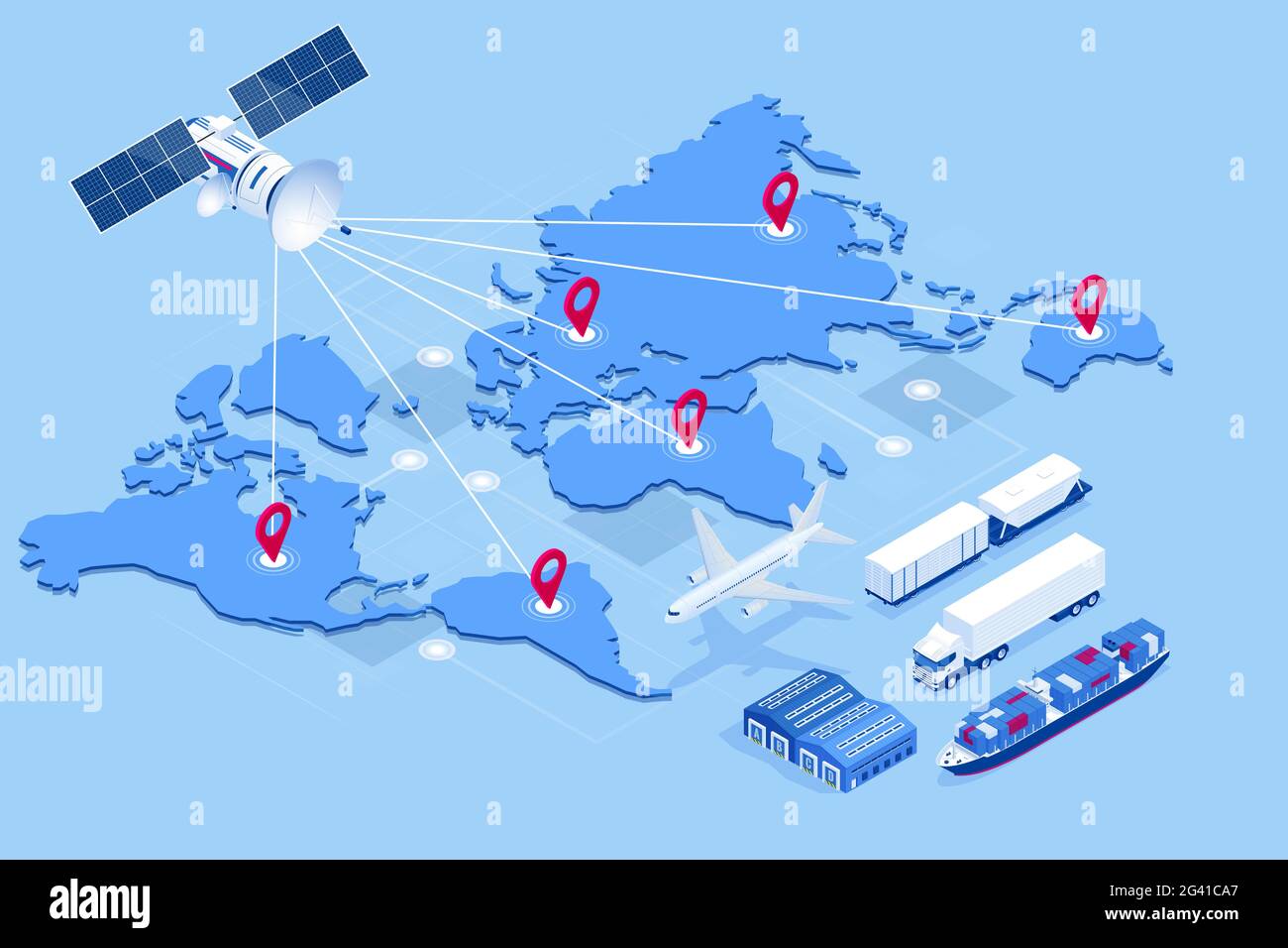 Concept de réseau logistique global isométrique. Expédition de fret. Le satellite suit le mouvement du transport de marchandises. Maritime, transport aérien Illustration de Vecteur