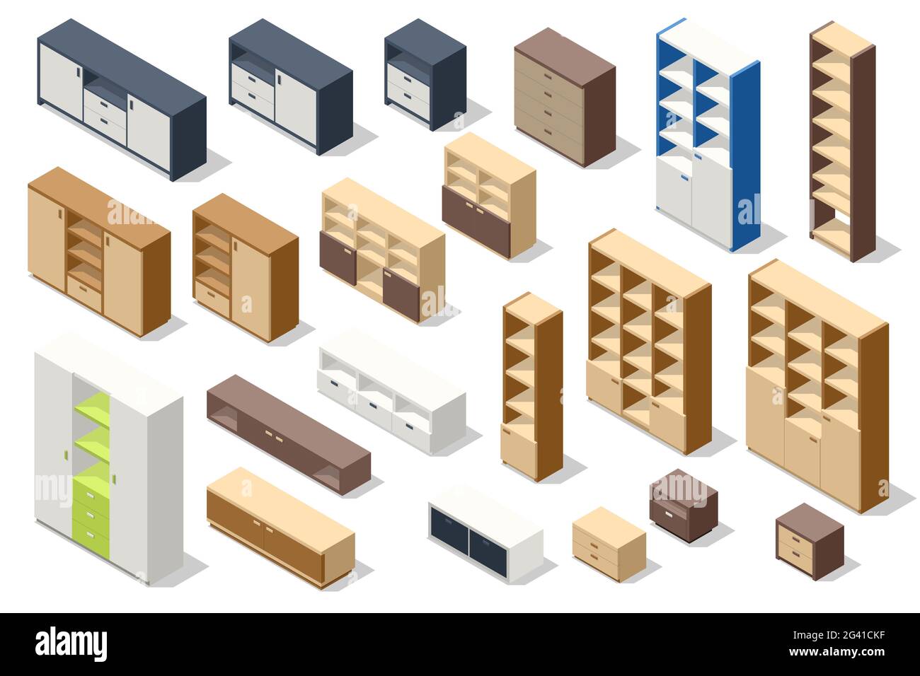 Ensemble isométrique de différentes commodes élégants et armoires modernes isolées sur blanc. Mobilier pour armoire Illustration de Vecteur