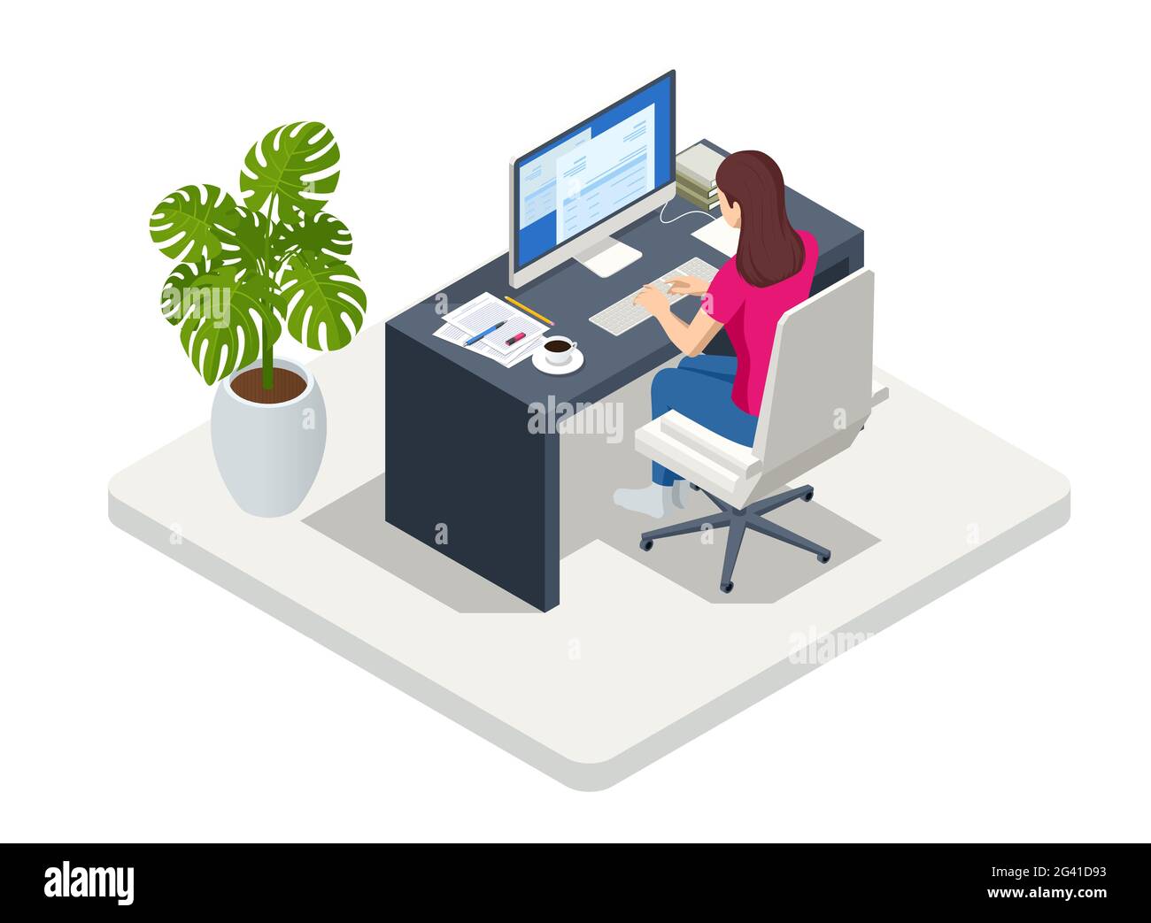 Femme d'affaires isométrique travaillant à la maison avec un ordinateur portable et des papiers sur le bureau. Freelance ou concept d'étude. Formulaire de travail de réunion en ligne à la maison. Bureau à domicile. Illustration de Vecteur
