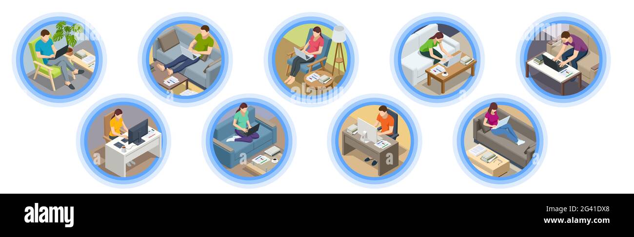 Femme et homme d'affaires isométriques travaillant à la maison avec un ordinateur portable et des papiers sur le bureau. Freelance ou concept d'étude. Formulaire de travail de réunion en ligne à la maison. Accueil Illustration de Vecteur