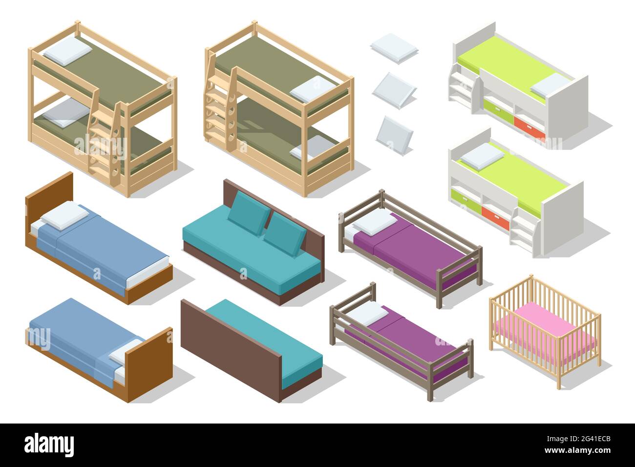 Ensemble isométrique de différents types de lits pour enfants et adolescents isolés sur blanc. Icônes de mobilier en bois. Illustration de Vecteur