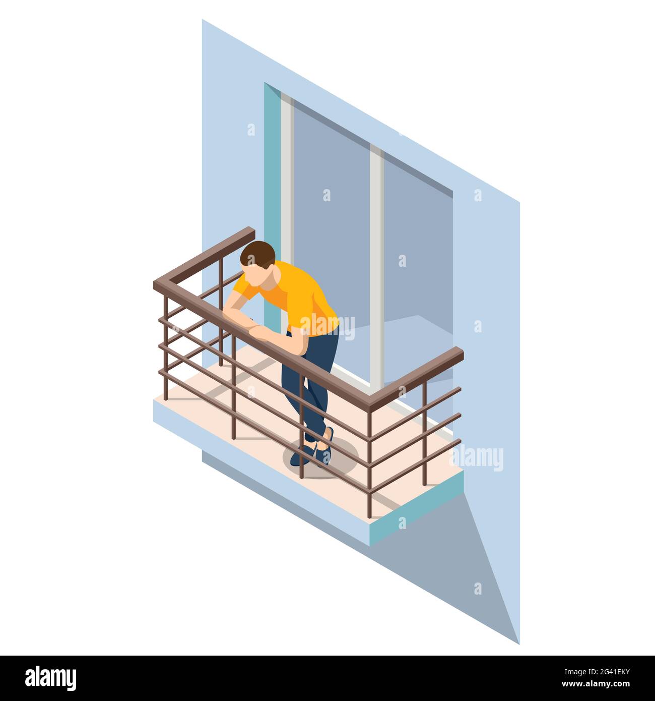 Isométriques Homme reposant sur un balcon ouvert en été. Balcon extérieur ouvert avec rambardes en métal argenté isolées sur l'arrière-plan. Illustration de Vecteur