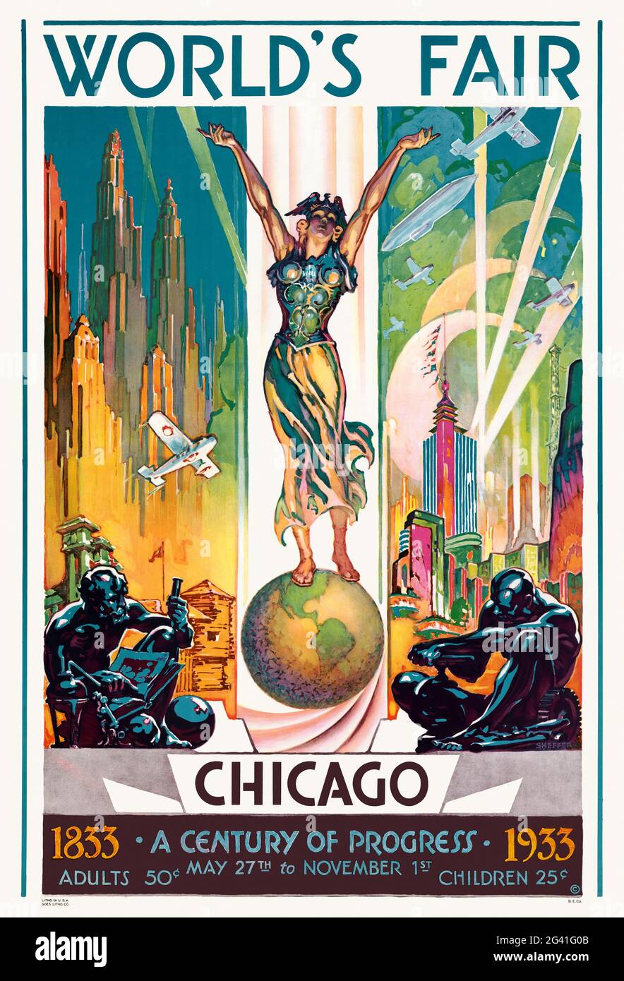 Foire mondiale de Chicago. Un siècle de progrès 1833-1933 par Glen C. Sheffer (1881-1948). Affiche ancienne restaurée publiée en 1933 aux États-Unis. Banque D'Images