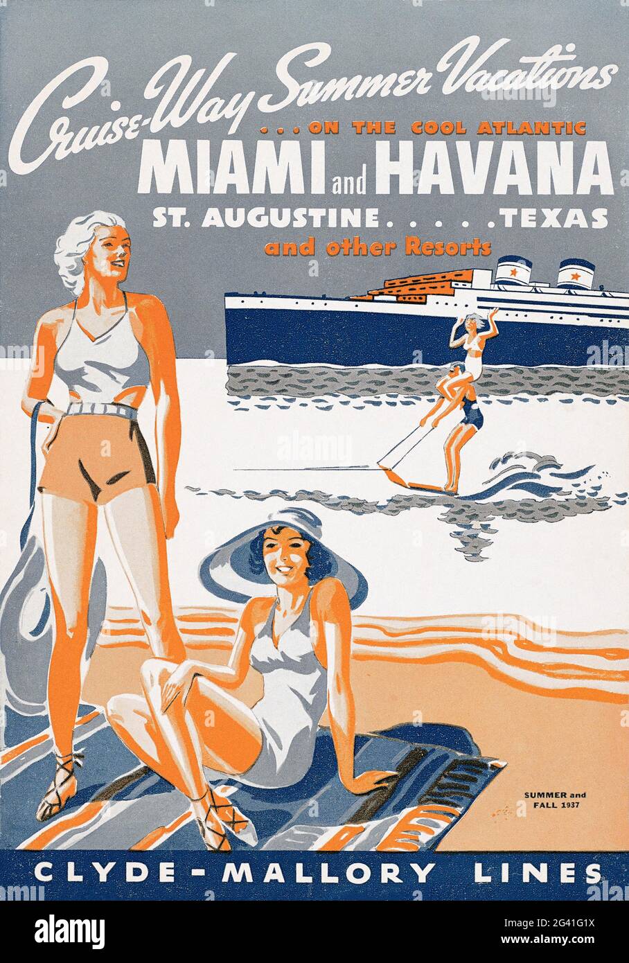 Vacances d'été sur la voie de la croisière sur l'Atlantique. Miami et la Havane, St. Augustine... Texas. Artiste inconnu. Affiche ancienne restaurée publiée en 1937 aux États-Unis. Banque D'Images