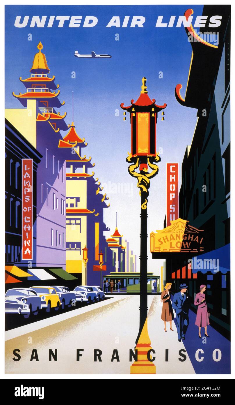 United Air Lines. San Francisco par Joseph Binder (autrichien, 1898-1972). Affiche ancienne restaurée publiée en 1957 aux États-Unis. Banque D'Images